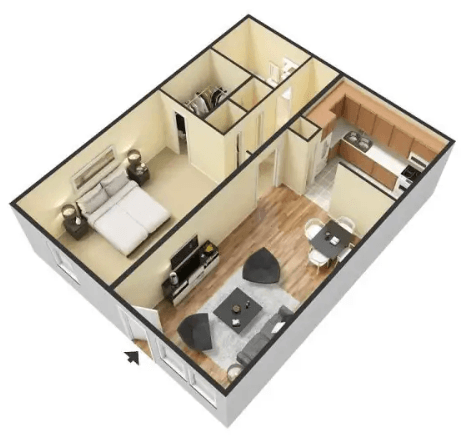 Floor plan for 1 bed, 1 bath, 678 sqft